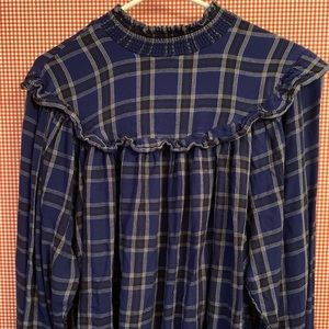 Smocked blue plaid flannel top